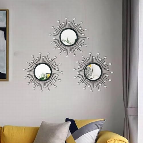 3 Pack Metal Mirrors for Wall Sunburst Wall Mirrors Home Décor Decorative Hanging Wall Art for Living Room Bedroom Entryway (Black Crystal, Sunburst)