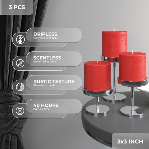 CANDWAX 3x3 Inch Red Pillar Candles Set of 3 - Unscented Smokeless Dripless Rustic Pillars - Perfect for Weddings, Centerpieces, Home Décor - Red Candles