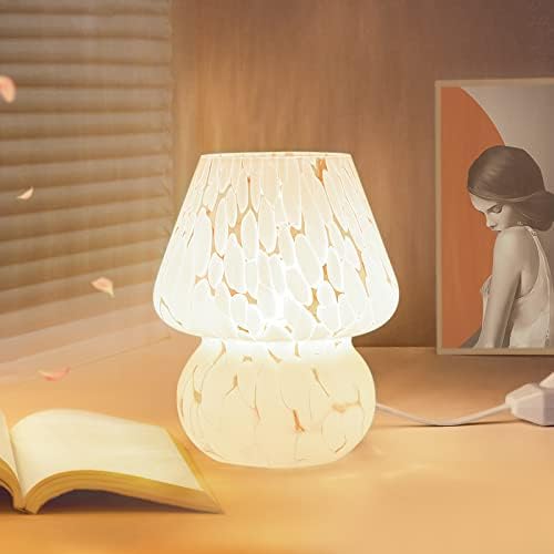 ONEWISH Cute Mushroom Lamp Small Bedside Table Lamp Set of 2 Stepless Dimmable, Translucent Glass White Nightstand Lamp for Bedroom Dorm Kids Room Living Kitchen, Murano Aesthetic Home Decor