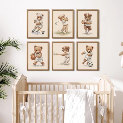 Nursery Teddy Bear Wall Decor Boy Room Wall Art Baby Canvas Prints Vintage Sports Decor Pictures Teddy Bear Poster Nursery Painting for Playroom Bedroom 8x10 Inch Framed Set of 6