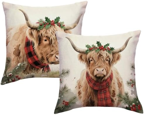 Highland Cow Decorative Throw Pillow Covers with Red Scarf Holly Berries 18x18 Inch Farmhouse Rustic Cushion Cover Winter Holiday Cows Pillowcase 2Pack for Couch Sofa