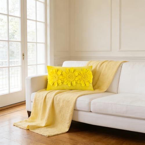JWH 3D Flower Throw Pillow Cover Velvet Sunbeam Yellow 12x20 Inches