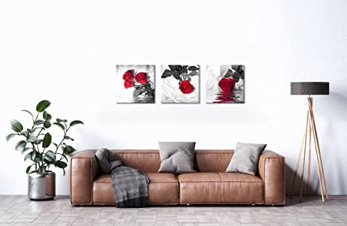 NAN Wind Canvas Print 3 Pcs Red Rose Wall Decor Black and White Abstract Wall Art for Modern Home Decor for Living Room Stretched and Framed Flower Picture on Canvas (16X16inchX3pcs, Red Rose)