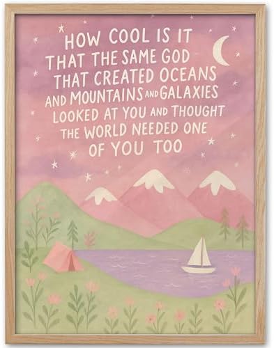 KensTro 16x20in Same God Creation Inspirational Christian Kids Wall Art,Natural OAK Wood Frame with Mountain Canvas Print,Girl First Communion and Baptism Gift for Girls,Nursery Toddler Girly Bedroom,Apartment Dorm Decoration Adoption Gifts,1Pack Pink