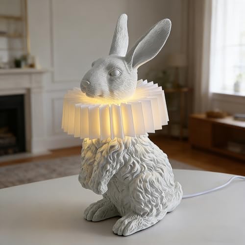 Cute Scarf Bunny Table Lamp, Resin Rabbit Nightstand Lamp with White Pleated PC Lampshade, USB Plug Energy Efficient LED Night Light, Kids Bedside Lamp for Bedroom Nursery Room Decor