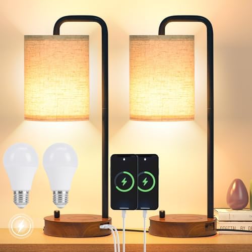 Table Lamps Set of 2 with USB Ports and Wooden Base, Bedside Nightstand Lamps with Warm White Bulbs, Fabric Shade for Bedroom, Living Room, Office, Boho
