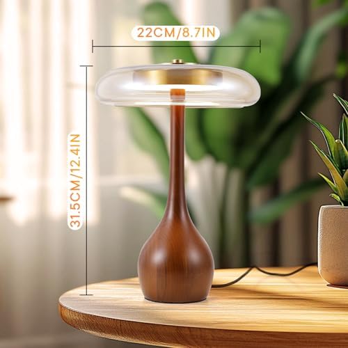 Small Table Lamp for Bedroom, Wooden Base, Teardrop Mushroom, H 12.4 In