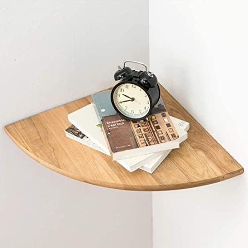 Corner Shelf,16inch Natural Oak Solid Wood Floating Corner Shelves Wall Mount Round End Floating Speaker Rack with Wire Hole for Small Plant for Bedroom Kitchen, Living Room