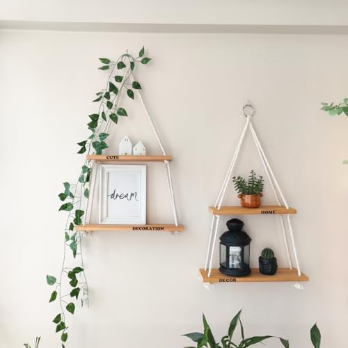 Hanging Shelves for Wall, Living Room, Bedroom - Boho Room Decor Aesthetic - Hanging Plant Shelf Decor - Floating Shelves - Rope Shelves for Bedroom Aesthetic | Boho Decor by NWOOD | Design Patented