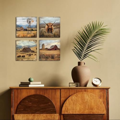 Farmhouse Wall Art Rustic Country Kitchen Wall Decor Highland Cow Pictures | 12x12" 4Pcs Fall Windmill Barn Canvas Prints Western Country Landscape Wall Decor Bison Wall Art for Living Room Bedroom