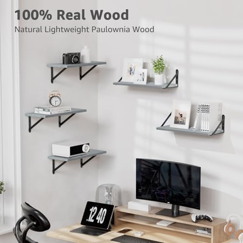 COCOYA Wall Shelves 7.3" Deep Solid Paulownia Wood (Grey, Set of 2)