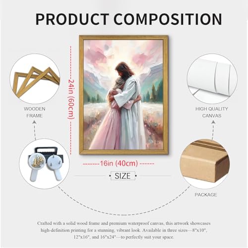 Pink Jesus Wall Art, Christian Canvas Wall Decor Paintings, Jesus Healing Embracing Woman Posters Print Artwork, Pink Room Decor for Living Prayer Church Bedroom 16x24 inch Framed