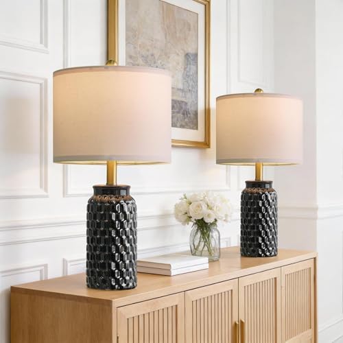 USumkky 20.5" Black Modern Ceramic Bedside Lamp Set of 2 for Bedroom Decor Farmhouse Table Lamp for Living Room Office Dorm