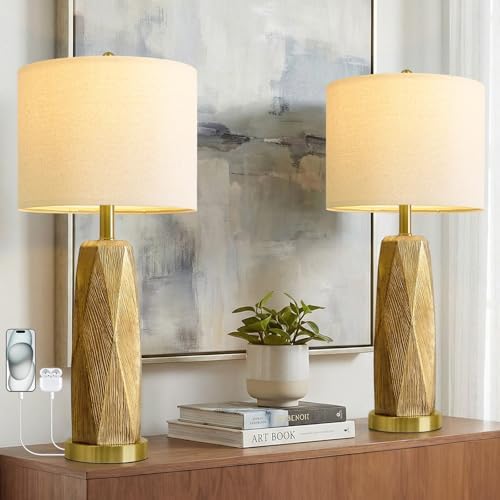 BOBOMOMO 27.5" Gold Table Lamps Set of 2 with USB-A & USB-C Charging Ports, Textured Resin Bedside Lamps with Linen Shade & Rotary Switch, Tall Nightstand Lamps for Bedroom, Living Room Office