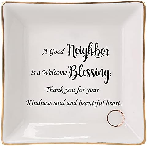 HOME SMILE Jewelry Tray, Ceramic Ring Dish - A Good Neighbor is a Welcome Blessing - Housewarming, Women Gift