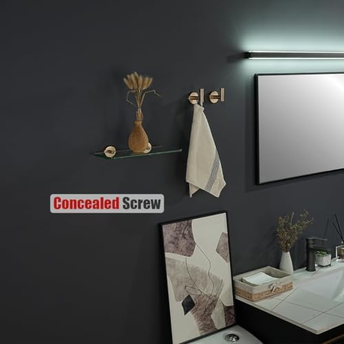 JQK Bathroom Glass Shelf, Tempered Glass Shower Storage 12 by 5 inches, 304 Stainless Steel Champagne Bronze Wall Mount 2 Pack, TGS101L12-CB-P2