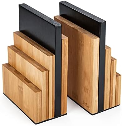 JUSK DESIGN Bamboo Book End/Book Organizer - Non-Skid Decorative Bookends for Office and Home - Book Holders for Shelves - Substantial Weight - Holds Heavy Books