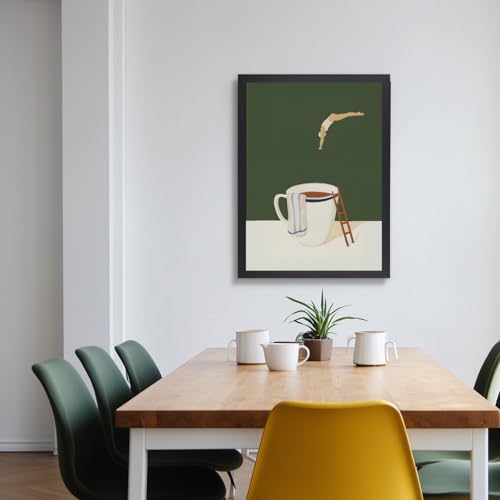 Cyebmo Modern Coffee Wall Art, Funny Diver Wall Decor, Vintage Kitchen Wall Decor, Minimalist Cafe Canvas Painting, Green Abstract Espresso Artwork for Kitchen Cafe Coffee Bar Wood Framed 16x24 Inch