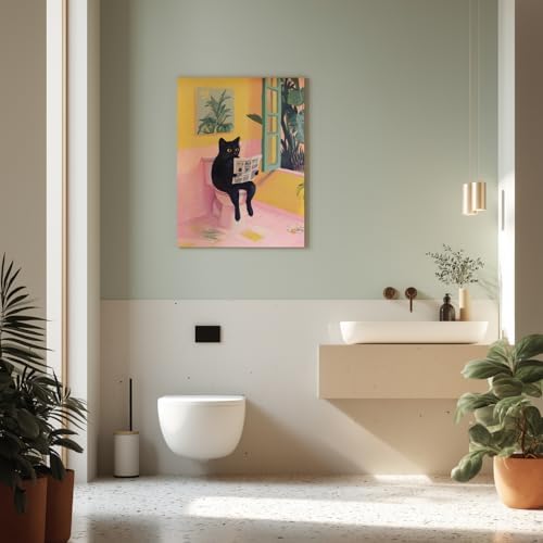 Cyebmo Funny Bathroom Wall Art, Cute Black Cat Sitting on Toilet Reading Newspaper Wall Decor, Whimsical Pink Abstract Animal Wrapped Canvas Artwork for Bathroom Kid's Restroom Bedroom 12x16 Inch