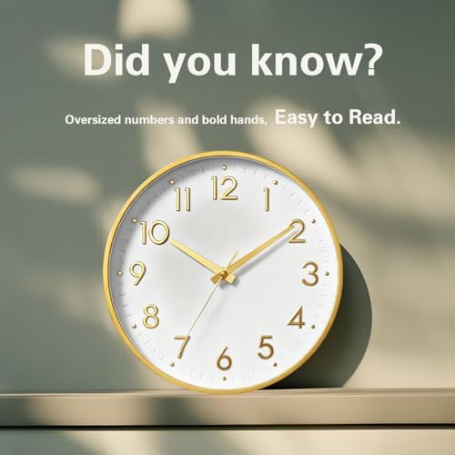 Mosewa 10 Inch Wall Clock Battery Operated Silent Non Ticking Analog | White Gold modern clock; oversized 3D easy-read dial for kitchen, bedroom & office; 1 AA battery (not included)