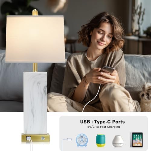 28.5" White Ceramic Lamps Set of 2, 3-Way Touch Control Bedside Table Lamp with USB C+A Ports, Modern Square Lamps for Living Room, Tall Bedroom Lamp for Night stand Side End Table Home Decor