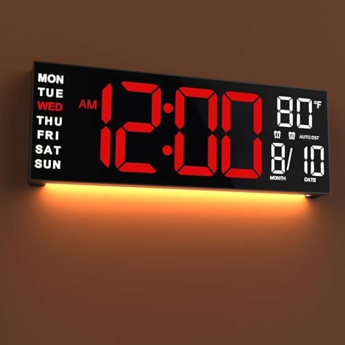 JALL 16" Large Digital Wall Mount Clock, Count Down Timer, Alarm, Big LED, RGB Color, DST, Temperature for Living Room Classroom Desk, Xmas, Birthday Gift for Senior Mom Dad (Red White, 16 inches)