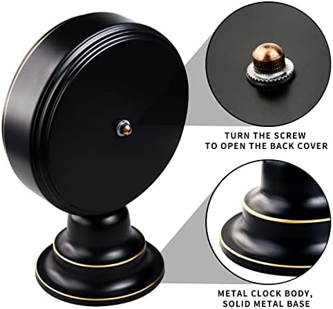 Mid Century Modern Desk Clock - Vintage Tabletop Metal Clock for Bedroom, Kitchen, Office, Living Room - Silent Decor - Battery Operated - Black