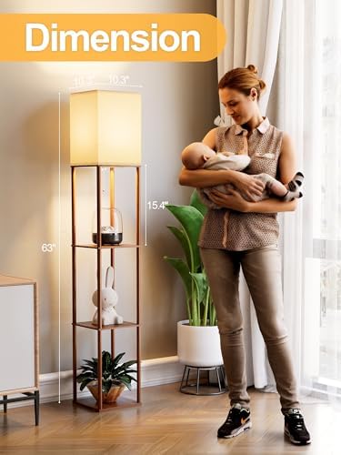 PARTPHONER Floor Lamp with Shelves for Living Room Walnut Brown 2 Pack, Shelf Floor Lamp with 3 CCT LED Bulb, Corner Display Standing Column Lamp Etagere Organizer Tower Nightstand for Bedroom