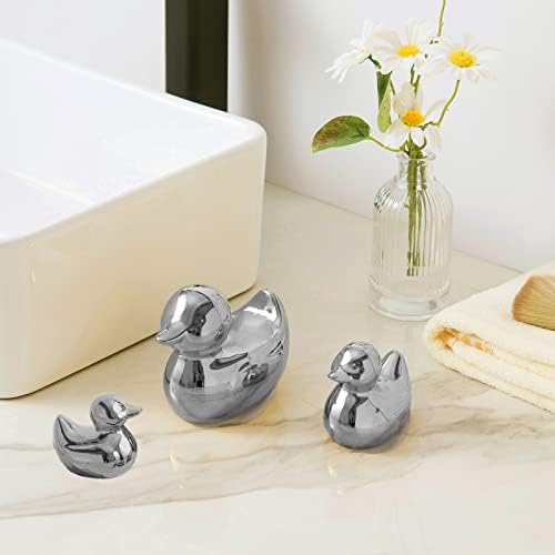 Silver Ceramic Duck Figurines，Home Decor Animal Sculptures and Statues Handmade Artware Decor,Mini Duck Sets 3 PCS