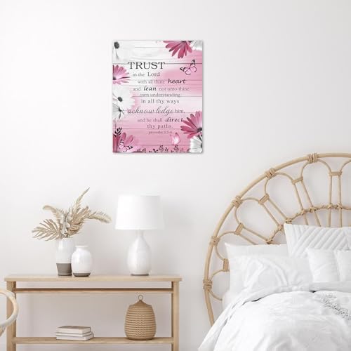 LB Pink Floral Bible Verse Wall Art for Bathroom Daisy and Butterfly Canvas Wall Art Wall Paintings Home Decor Rustic Vintage Wall Pictures for Living Room Bedroom Office Ready To Hang, 8x10 Inch