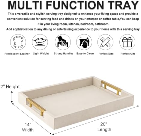 Beige Faux Leather Serving Tray with Handles – Large Decorative Tray for Coffee Table, Ottoman, Living Room, Bathroom – Home Decor