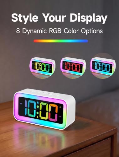 Cadmos Loud Alarm Clock for Bedrooms with Dynamic RGB Night Light,Heavy Sleepers Adults,Dual Alarm,Dimmer,USB Charger,Small Bedside Digital Clock with LED Display for Kids,Teens,Seniors (White)