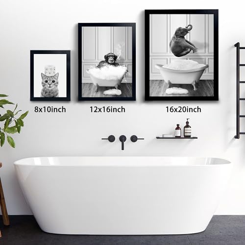 Monkey in Tub - Black and White Animals Wall Art - Framed Canvas Wall Art, Black Framed Picture for Bathroom Wall Decor, Chic Animal Art for Kid Room Wall