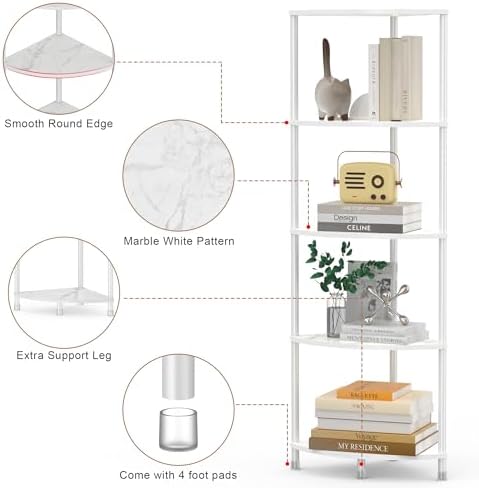 5 Tier Corner Shelf Stand, 44.1", Marble White