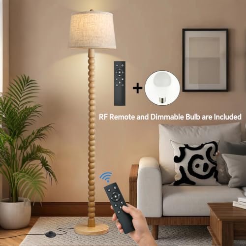 Wood Floor Lamp for Living Room,Real Wood Standing Lamp with Color Changing Bulb, Tall Lamp with Linen Shade, Floor Lamp for Bedroom,Corner,Dining Room (Natural Wood Finish with Remote LED Bulb)