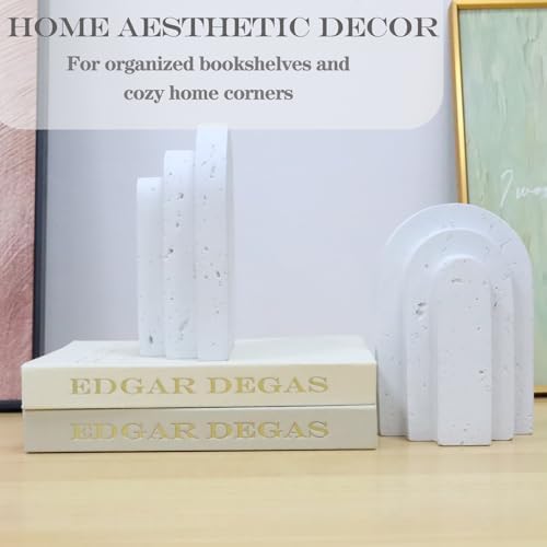 Decorative Book Ends for Shelves - Boho Aesthetic Bookends Decor - Heavy Duty Travertine Book Stopper Holder for Home Office Desk Coffee Table, Gifts for Book Lovers (White)