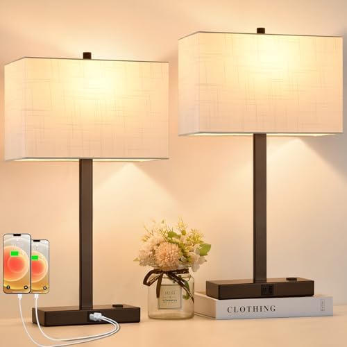 21" Touch Bedside lamps with 2 USB & AC Outlets, 3-Way Dimmable Bedside Table Lamps Set of 2 for Bedroom Living Room Office Reading, White Shade Lamps for Night Stands, 2700K LED Bulbs Included