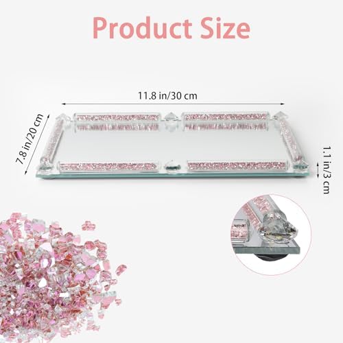 Mirror Perfume Tray for Dresser,Pink Crushed Diamond Filled