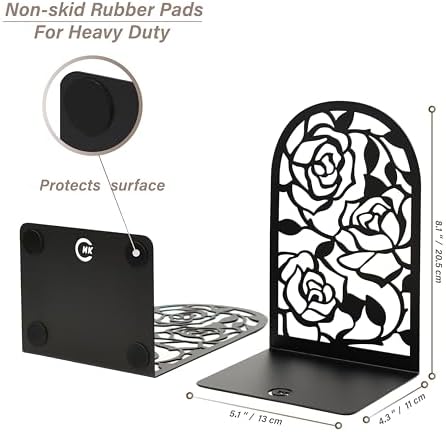 CNK Premium BookEnds - Heavy Duty Metal Book Stoppers for Home Office, Decorative Book Shelf Holders (Rose Black)