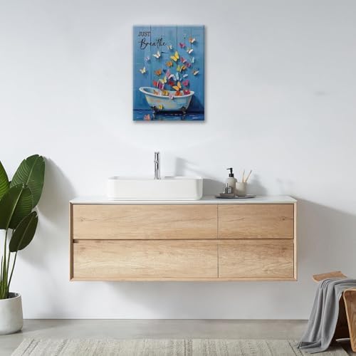 Butterfly Bathroom Wall Art Farmhouse Bathroom Decor Rustic Country Butterfly Canvas Painting Prints Just Breathe Pictures Artwork Decoration Framed for Toilet Restroom Gifts for Women Girl 16"x20"