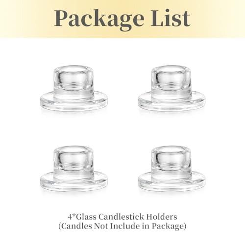 Hewory Glass Taper Candle Holders Bulk, 4 PCS Clear Candlestick Holders