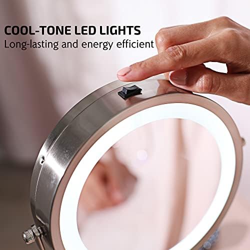 OVENTE 7'' Lighted Magnifying Makeup Mirror, Nickel Brushed MCT70BR1X7X | Cordless Tabletop Vanity Mirror with 1X/7X Magnification, Battery Operated, 360° Swivel Design, Cool-Tone LED Lights