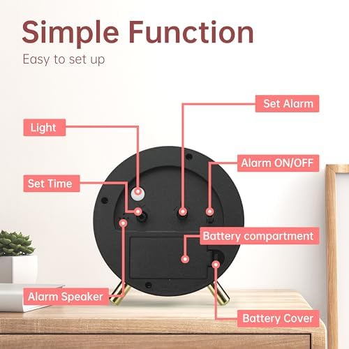 JALL Analog Alarm Clock, 4 inch Super Silent Non Ticking Small Clock with Night Light, Battery Operated, Simple Design, Easy Setting for Office, Bedroom, Bedside, Desk, Teens, Elders, Adult, Red