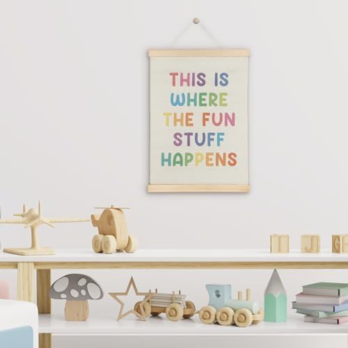 SereneHanctuary Boho Classroom Wall Art, Kids Playroom Wall Decor, This Is Where the Fun Stuff Happens Colorful Poster Hanger Frame for Toddler Kids Room Nursery Playroom Decor, 12x16 Inch