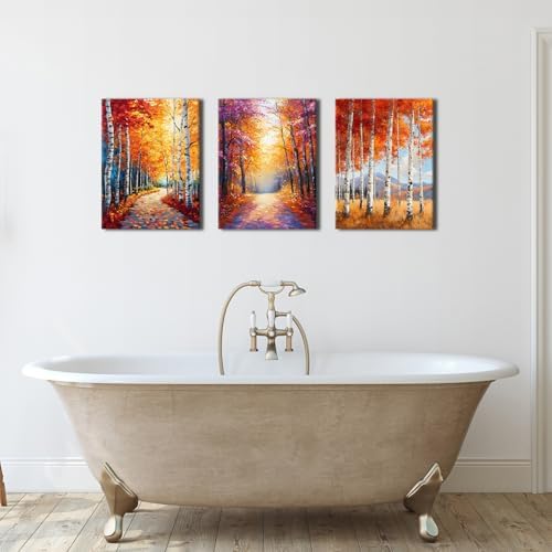 Fall Forest Canvas Wall Art Autumn Forest Wall Decor for Living Room Nature Orange Birch Trees Landscape Picture Oil Paintings Reproduction Artwork for Bedroom Bathroom Home Decoration 12x16" 3Pcs