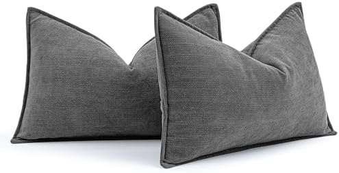 MIULEE Pack of 2 Dark Grey Decorative Lumbar Chenille Pillow Covers 12x20