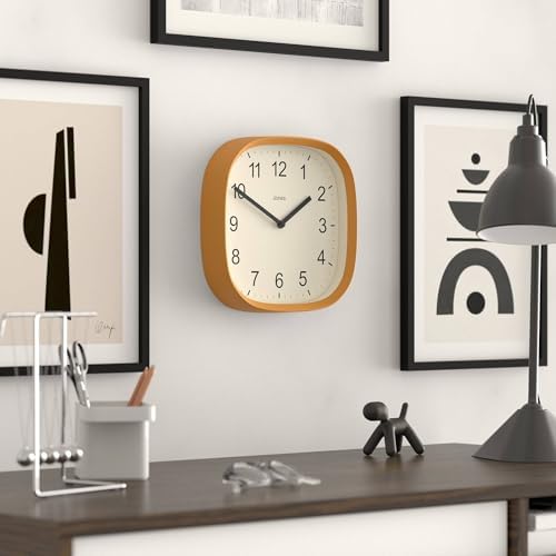 JONES CLOCKS® Sprite wall Clock | Modern Retro Rounded Square Clock | 10" | Mustard Yellow | Easy to Read Numbers | Perfect for Kitchen or Office