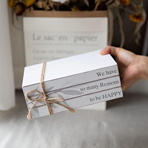 GENMOUS Faux Decorative Books Set for Home Decor, Stacked Wood Books with Wood Beads for Living Room Decor, Faux Books for Display, Shelf Decor, Mantel Decor, Farmhouse (Happy)