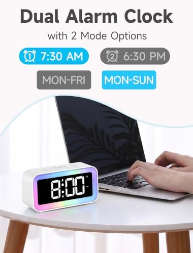 Cadmos Loud Alarm Clock for Bedrooms with Dynamic RGB Night Light,Heavy Sleepers Adults,Dual Alarm,Dimmer,USB Charger,Small Bedside Digital Clock with LED Display for Kids,Teens,Seniors (White)