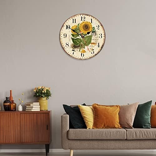 TAHEAT Vintage Floral Wall Clock, Yellow Summer Sunflower Kitchen Decor and Accessories, Decorative Battery Operated Clocks for Living Room Bedroom Bathroom Farmhouse, 12 Inch